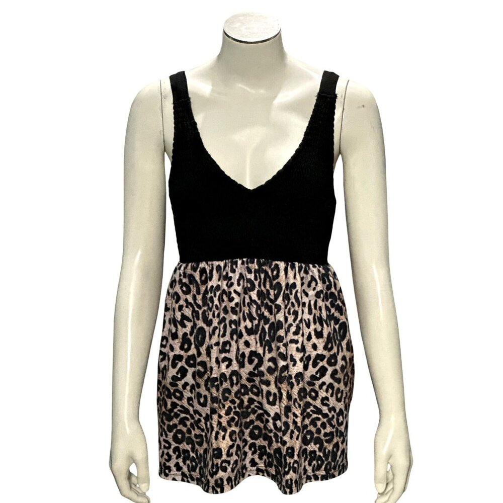 CCC Leopard Print Sleeveless Tank Top Dress With Black Smocked Bodice Straps Med - Picture 1 of 6